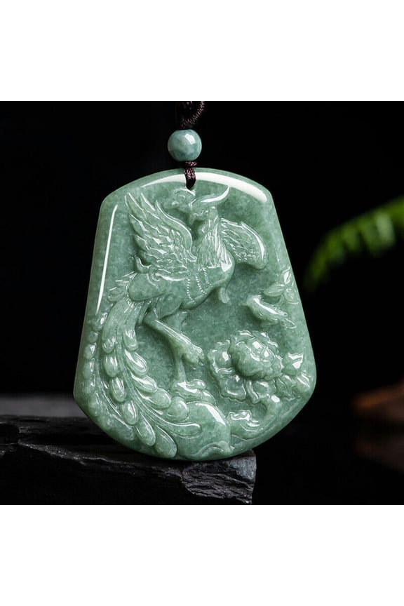 Burmese Jade Dragon Phoenix Pendant Jadeite Men Necklace Green Natural Energy-Phoenix