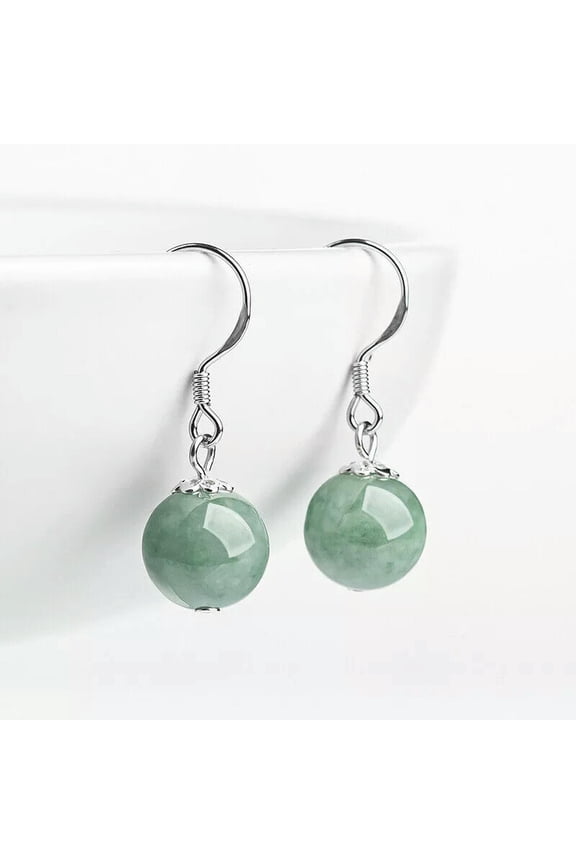 Burmese Jadeite Bead Earrings Natural 925 Silver Women Jade Green Jewelry
