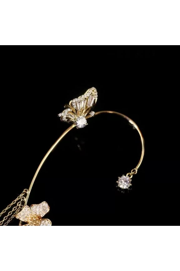 Butterfly Tassel Style Zircon Earrings Clip Non Piercing Wrap Delicate Jewelry Earring-left ear-Golden