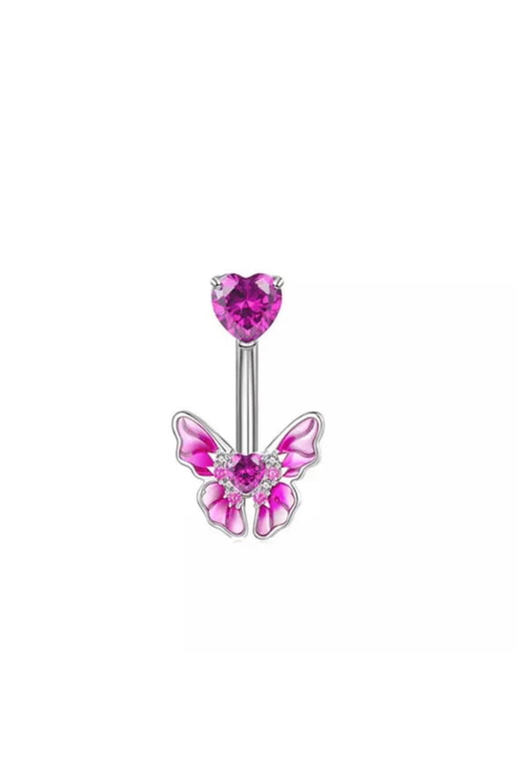 CZ Animal Bell Button Ring Fashion Butterfly Navel Ring Body Piercing Jewelry-Pink