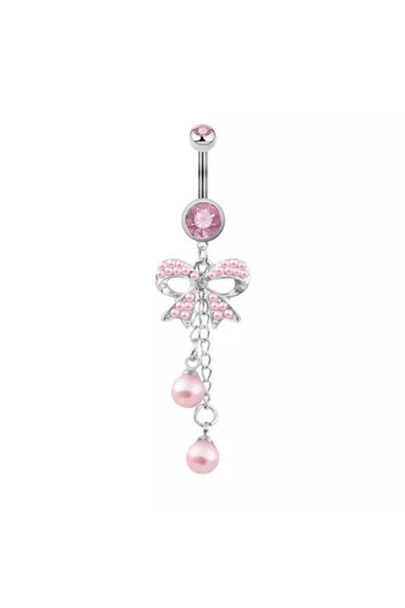 CZ Bow Belly Button Ring Stainless steel Rhinestone Dangle Navel Ring Piercing-Pink