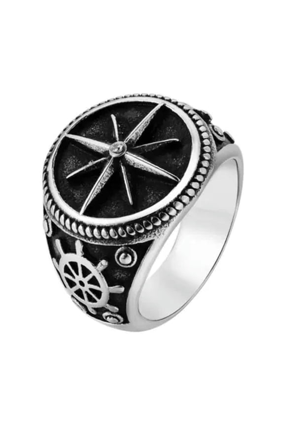 Center CZ Inlay Guiding Compass Star Ring Stainless Steel Vintage Rudder Ring-9