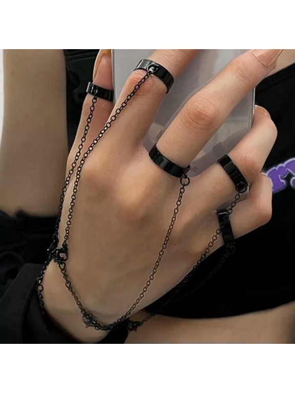 Chain Five Rings Couple Fashion Delicate Jewelry Black Color Chain Wrist Ring Decor$-Black