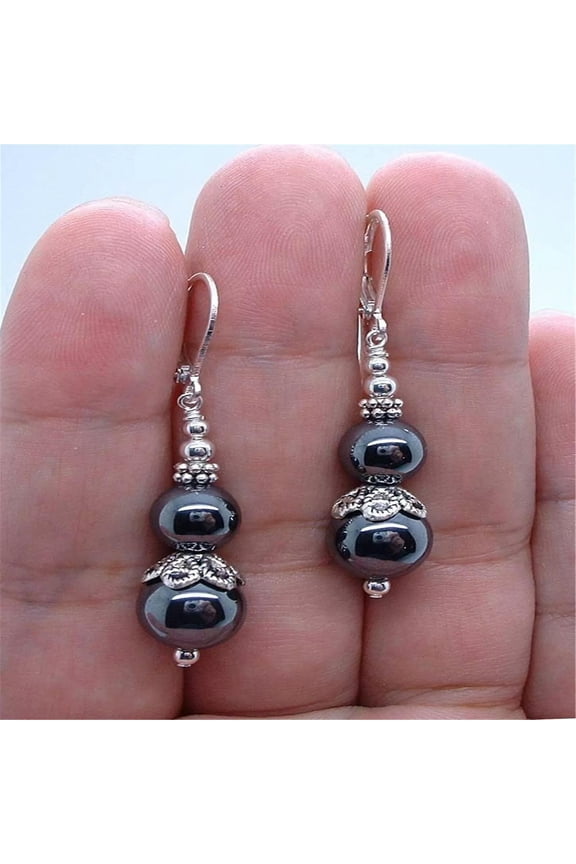 Charming Shining 8-10mm Gray Hematite Round Gems Beads Leverback Earrings AAA