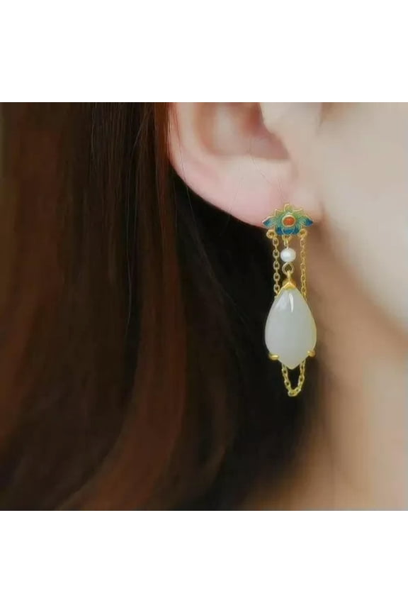 China Ethnic Style Earrings Gilt Cloisonne Natural Jade Drop Earrings