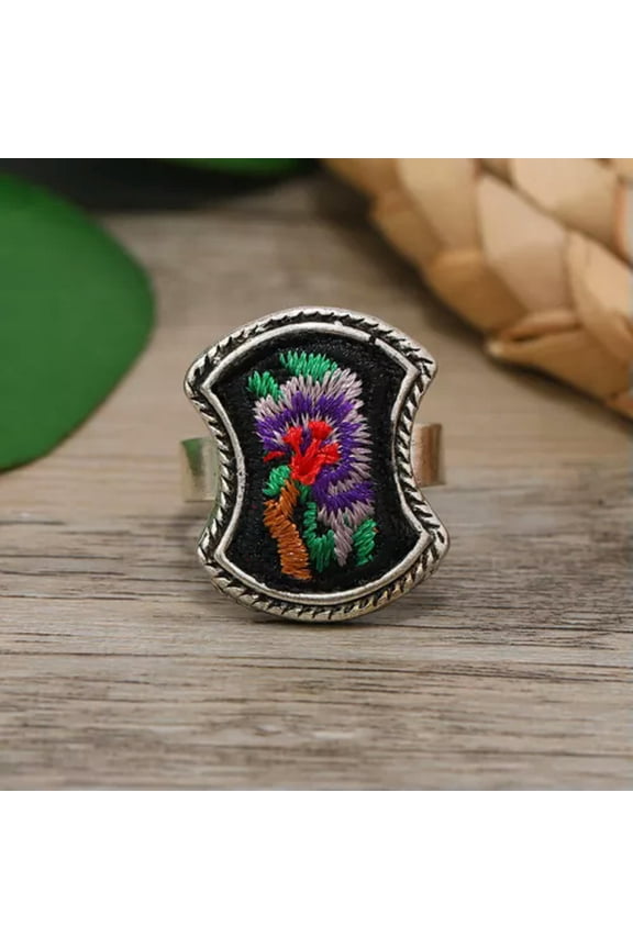 Chinese Ethnic Handmade Tibetan Silver Silk Embroidery Ring Butterfly Adjustable-6