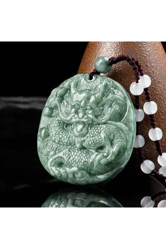 Chinese Natural Emerald Pea Green Antique Dragon Card Jade Pendant Necklace-default