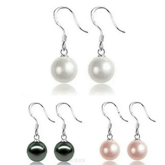 K-KED Classic 925 Sterling Silver 10mm Sea Shell Pearl Drop Hoop Earrings -White