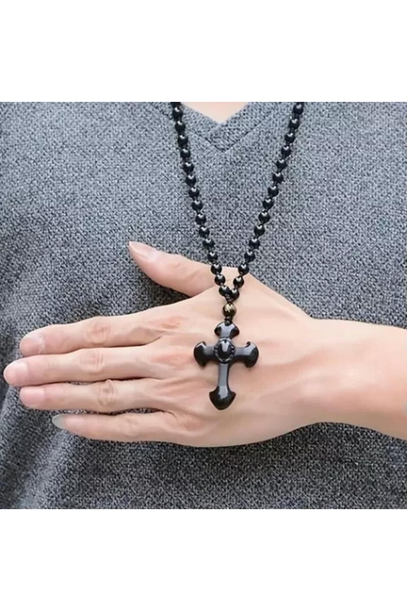 Classic Men Women Fashion Obsidian Pendant Necklace Cross Religious Amulet Gift