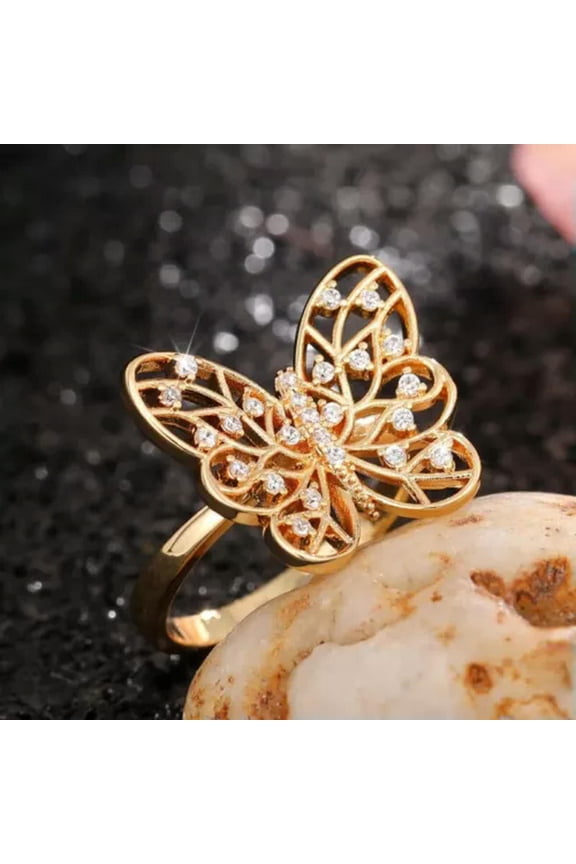Classical Gold PLATED Rings Women Butterfly Cubic Zirconia Delicate Jewelry Size 6-10-10