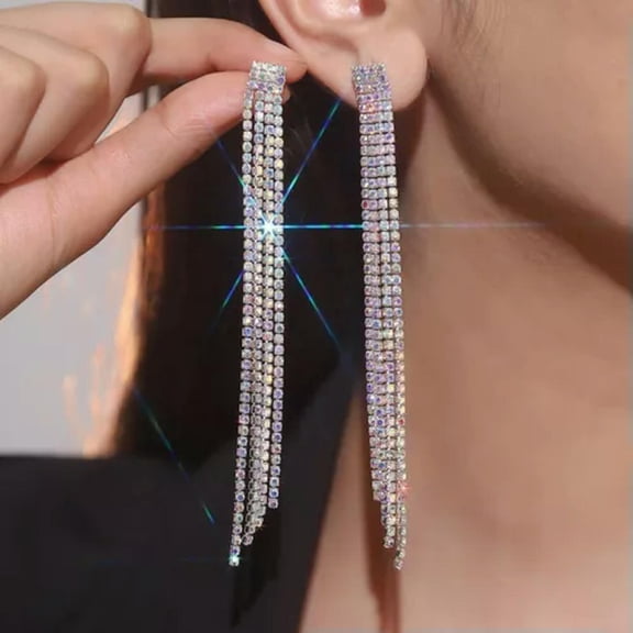 K-KED Clear Rhinestone Dangle Drop Pierced Earrings Extra Long Tassel Silver Stud