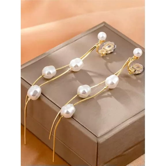 K-KED Clip On 4.5" Long Pearl Earrings Drop Dangle Gold Tone Wedding Prom Pageant Cuff