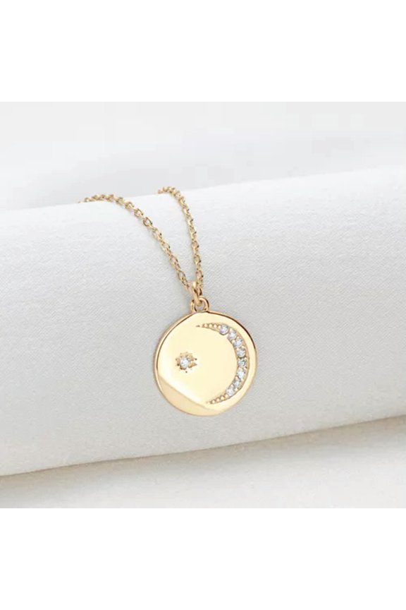 Coin Disc Moissanite Pendant Necklace for Women Moon & Star 925 Sterling Silver