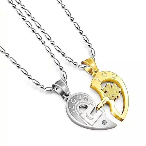 K-KED Collarbone Key Heart Shaped Pendant Puzzle Stainless Steel Couple Necklace Chain-Gold