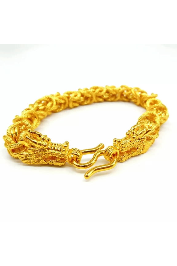 Cool 24K Yellow Gold Plated Two Dragon Heads Strong Men's Chains Bracelet 8"