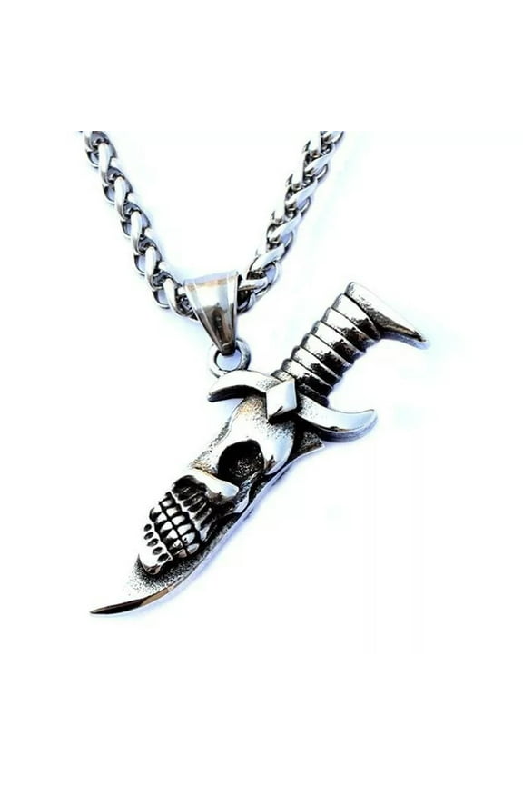 Cool Mens Stainless Steel Tone Mini Dagger Skull Knife Pendant Necklace