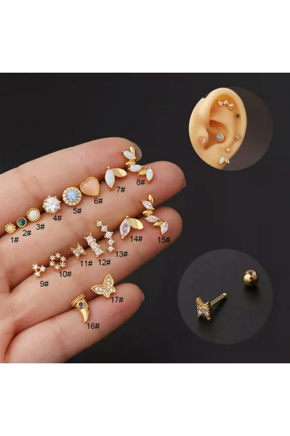 Crystal Tragus Helix Cartilage BAR Screw In Earring Flat Back Labret Monroe-4#-Gold