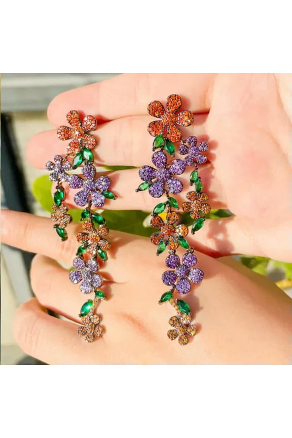 Cubic Zircon Flower Multicolor Leaf Dangle Drop Black Gold Plated Women Earrings-default