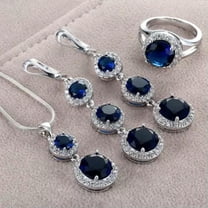 K-KED Cubic Zirconia 925 Silver Wedding Delicate Jewelry Set Ring Earrings Necklace Party Gift-2# Sapphire Round-8
