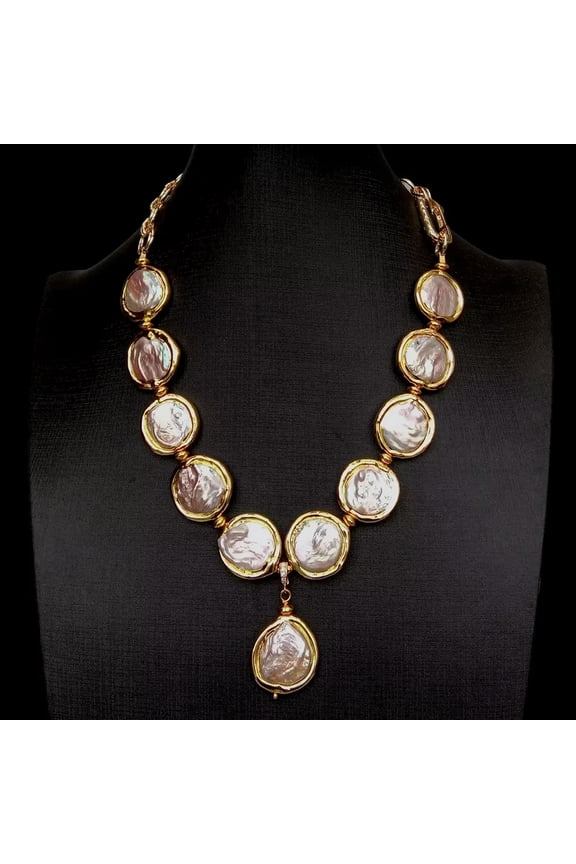 Cultured Pink Keshi Coin Pearl 21mm Pendant Gold Plated Chain Necklace 18"