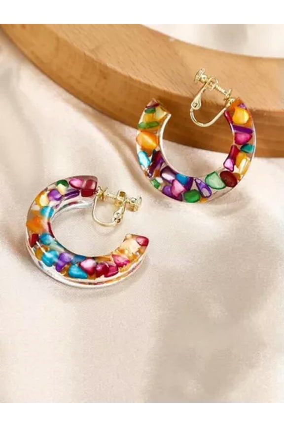 Curved Clip On Earring Color Dangle Dangling Lucite Multi Rainbow Confetti Color