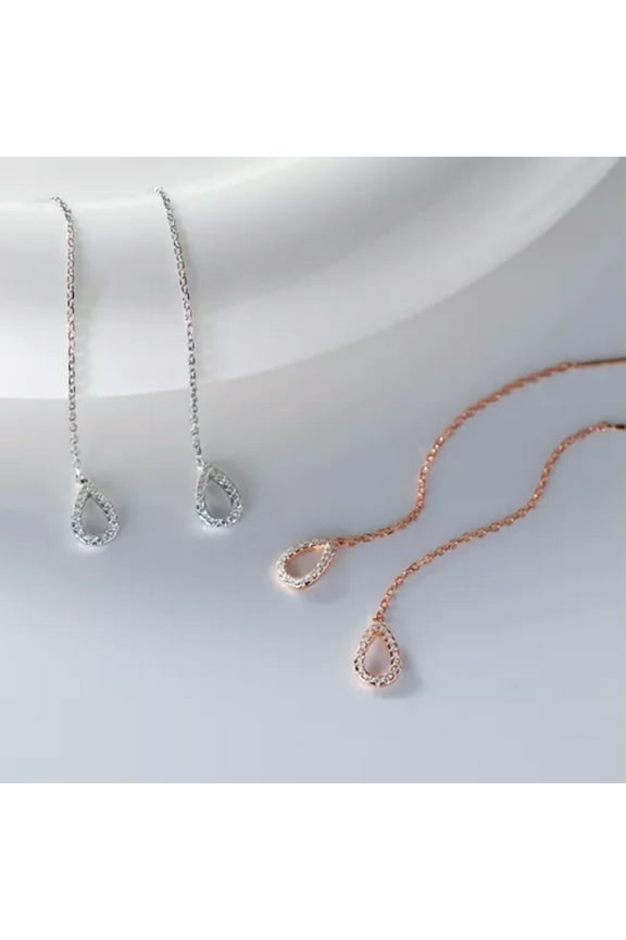 Cute Dangle Hanging Crystal Tassel Long Drop Earrings 925 Sterling Silver-Rose Gold