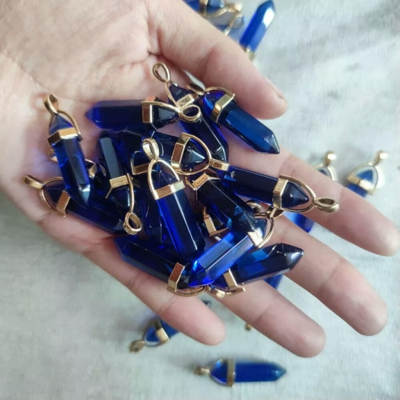 K-KED Dark Blue Crystal Glass 30pcs Gold Hexagonal Column Stone Pendants Jewelry