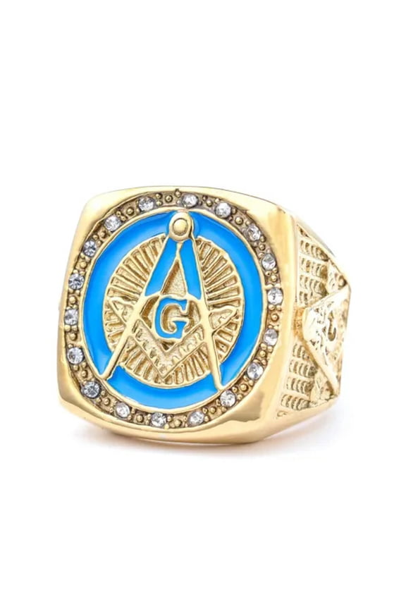 Domineering Fashion Diamond AG Freemasonry Stainless Steel Men's Rings Size 7-15-15-Gold