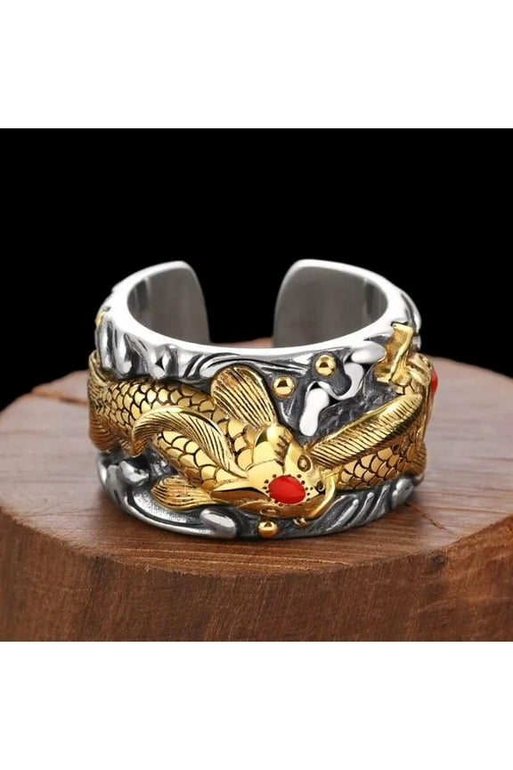 Domineering Ring Golden Carp Double Fish Fortune Thai Silver Trendy Men's Ring