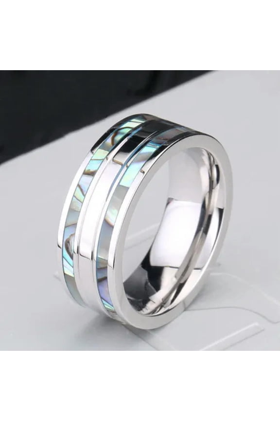 Double Seashell Lines Inlay Wedding Ring Stainless Steel Men Women Fashion Bands-9