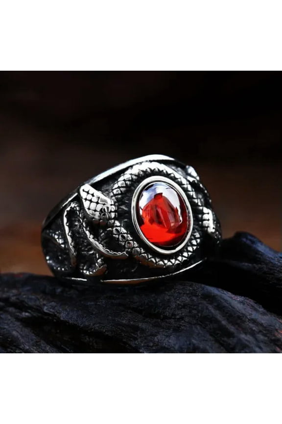 Double Snake Red CZ Ring Stainless Steel Vampire Blood Men's Vintage Biker Ring-9