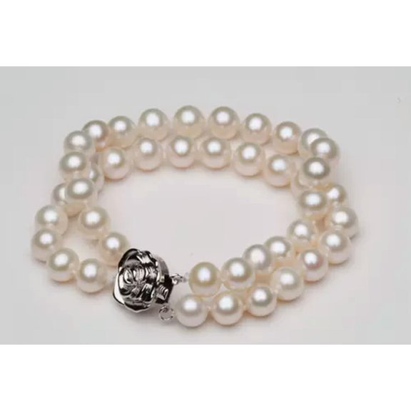 K-KED Double Strands AAA 8-9mm Natural South Sea White Pearl Bracelet 7.5-8" 925s