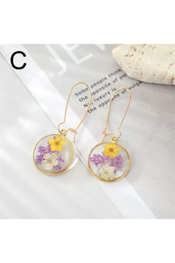 Dried Flower Earrings Women Real Floral Earrings Resin Flower Earrings Jewelry-C
