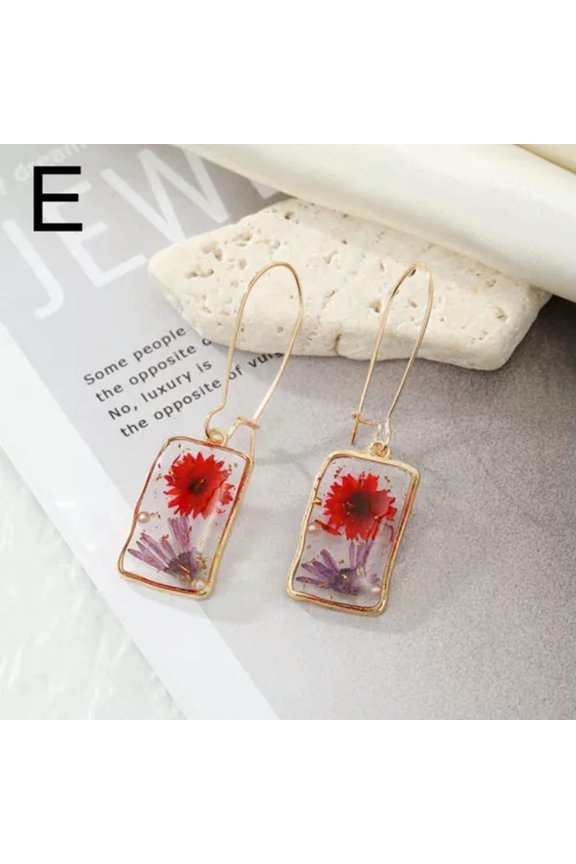 Dried Flower Earrings Women Vintage Real Floral Earrings Resin Flower Earring-E