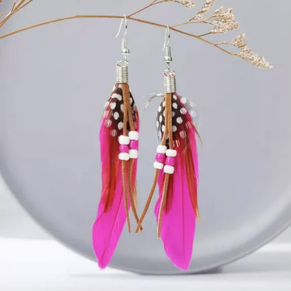 K-KED Drop Women Earrings Vintage Earrings Bohemia Catcher / Long Retro Feather-rose red
