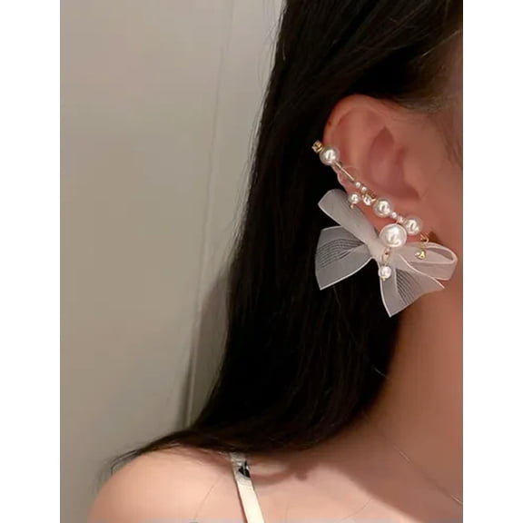 K-KED Ear Clip On Cuff Earring Pearl Ribbon Bow Crawler Climber Wrap One Earring
