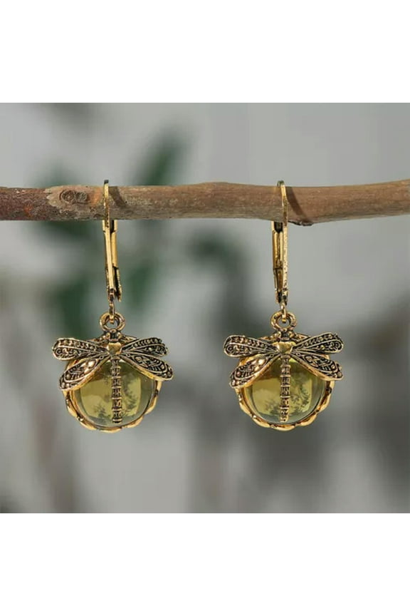 Women Delicate Jewelry Vintage Earrings Dragonfly Drop Earrings Moonstone Delicate Jewelry Antique-Champagne