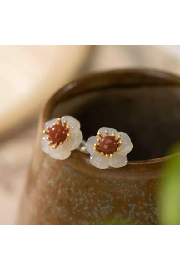 Elegant Gold Over 925 Sterling Silver Natural White Jade Flower Stud Earrings