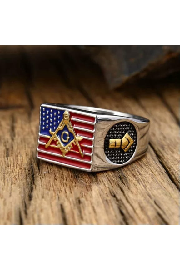 Enamel Masonic Symbol Signet Ring Stainless Steel Men Women Freemason Biker Ring-9-US Flag AG