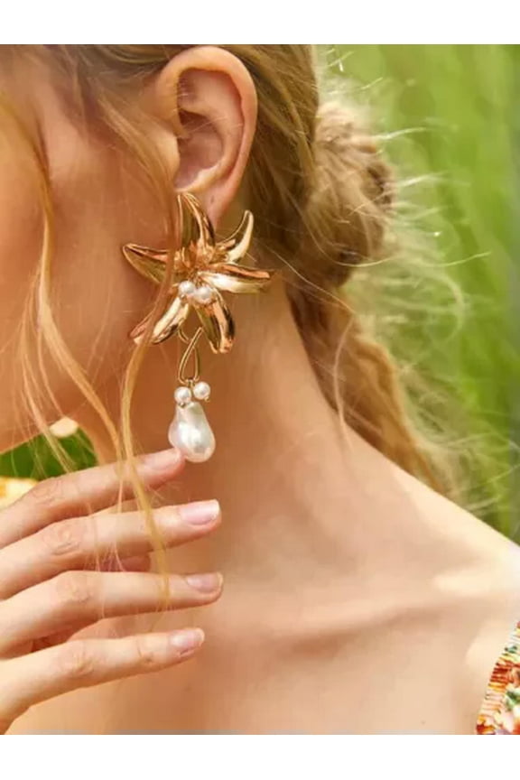 Extra Large Gold Tone Faux Pearl Flower Statement Earrings