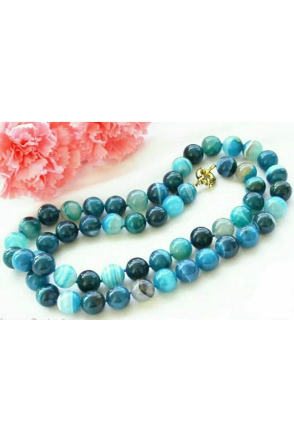 FASHION 10MM NATURAL BLUE DRAGON GRAIN AGATE ROUND BEADS NECKLACE 18'' AAA