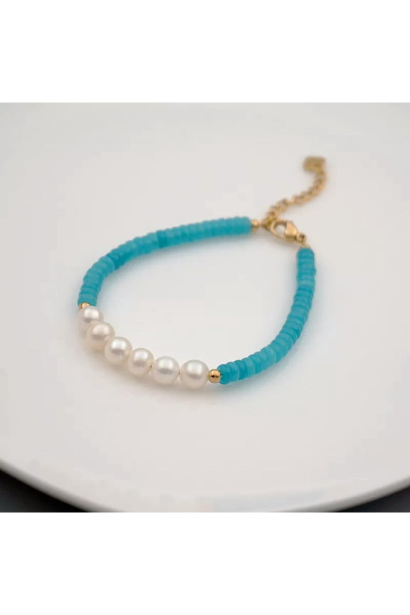 Faceted Aquamarine Rondelle Beads White Real Pearl Bracelet 7.8''