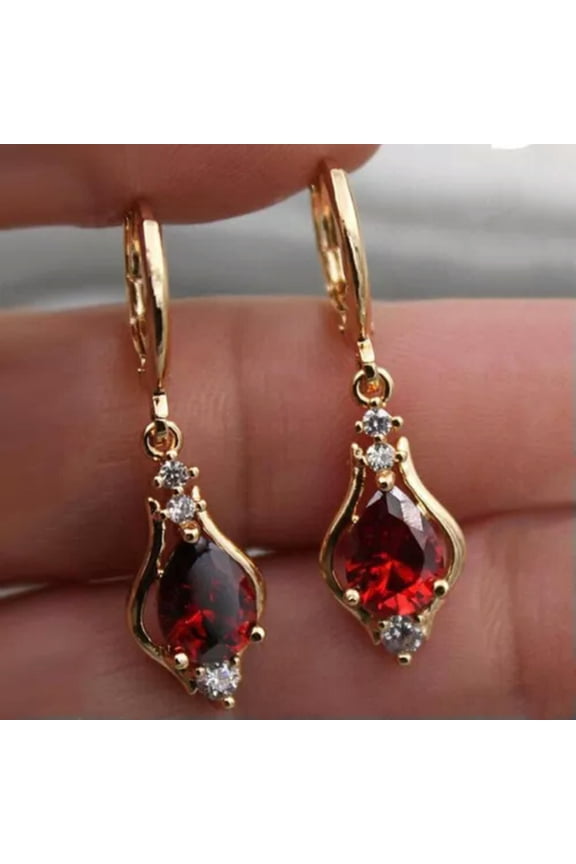 Fashion 18k Yellow Gold Plated Drop Earrings Cubic Zirconia Delicate Jewelry Gifts A Pair-Red