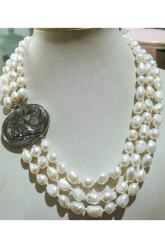 Fashion 3 Rows 8-9MM Natural White Akoya Pearl Necklace 18-20" Beauty Clasp