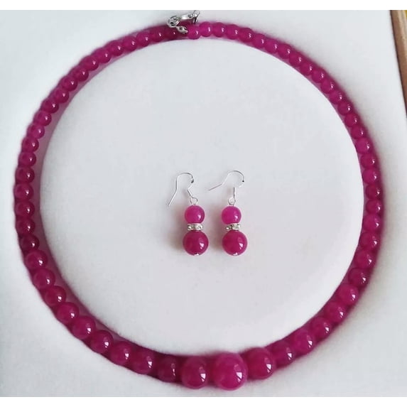 K-KED Fashion 6-14mm Round Rose Jade Jasper Gemstones Necklace Earrings Set 18''