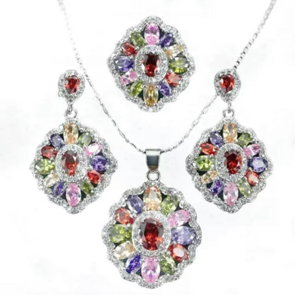 K-KED Fashion 925 Silver Colorful Topaz Necklace Earrings Ring Party Delicate Jewelry Set Gifts-8-Colorful