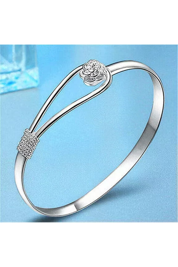 Fashion 925 Silver Flower Bangle Bracelet Womens Delicate Jewelry Gifts Accessories Party
