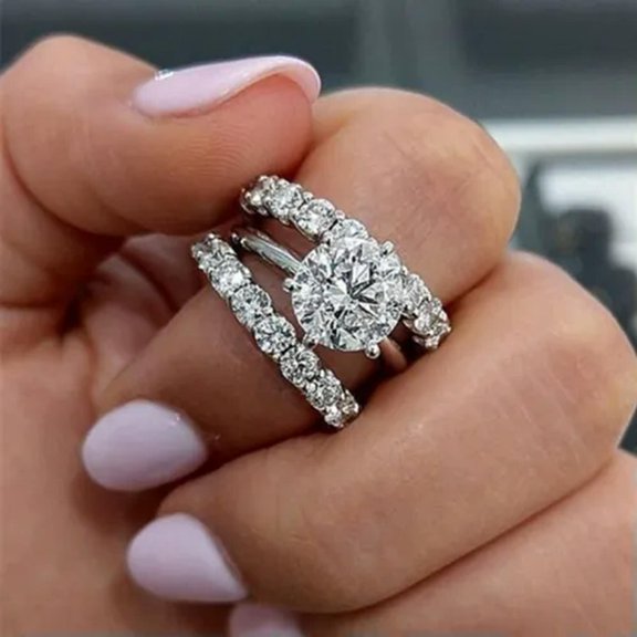 K-KED Fashion Anniversary Cubic Zirconia 3 Pcs/set 925 Silver Rings Delicate Jewelry Size 6-10-7-Silver