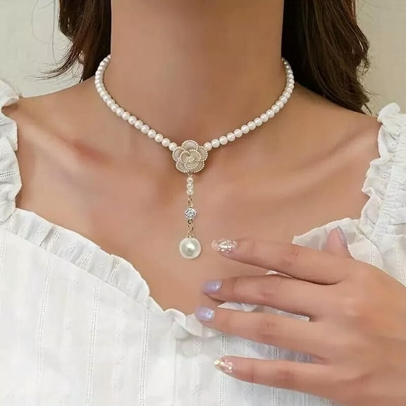 K-KED Fashion Camellia Faux Pearl Necklace Flower Clavicle Chain Charms Delicate Jewelry Gift