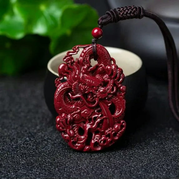 K-KED Fashion Cinnabar Jade Double Sided Carving Dragon Pendant Necklace Jewellery
